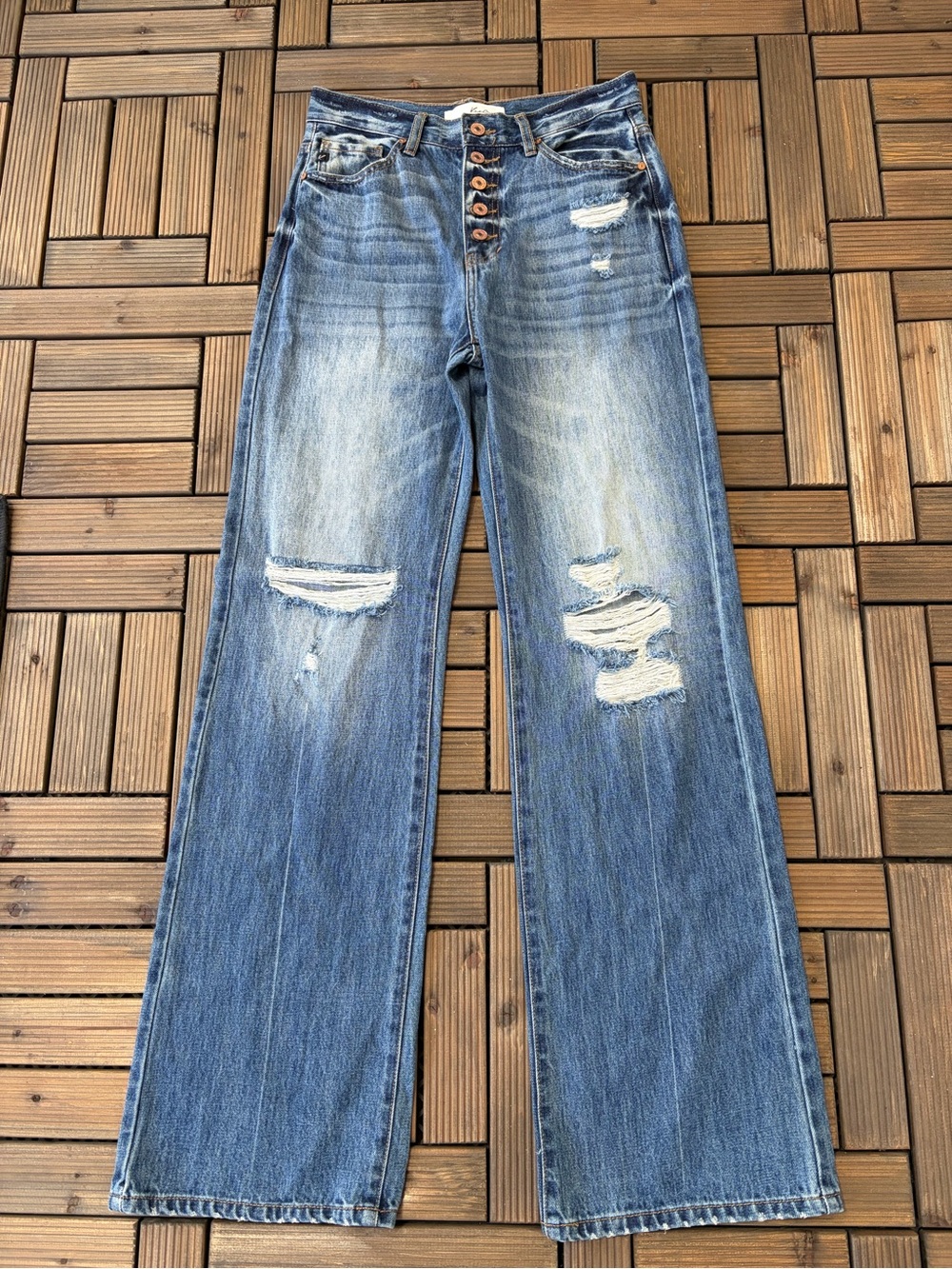 KanCan Distressed Wide-Leg Jeans in Faded Blue